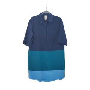 Ali Ro 100% Silk Satin Colorblock Blue Green Popover Mini Shirt Dress, Size 4